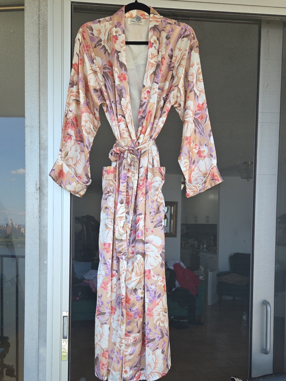Vintage Christian Dior Floral Satin Robe - Beige & Lavender